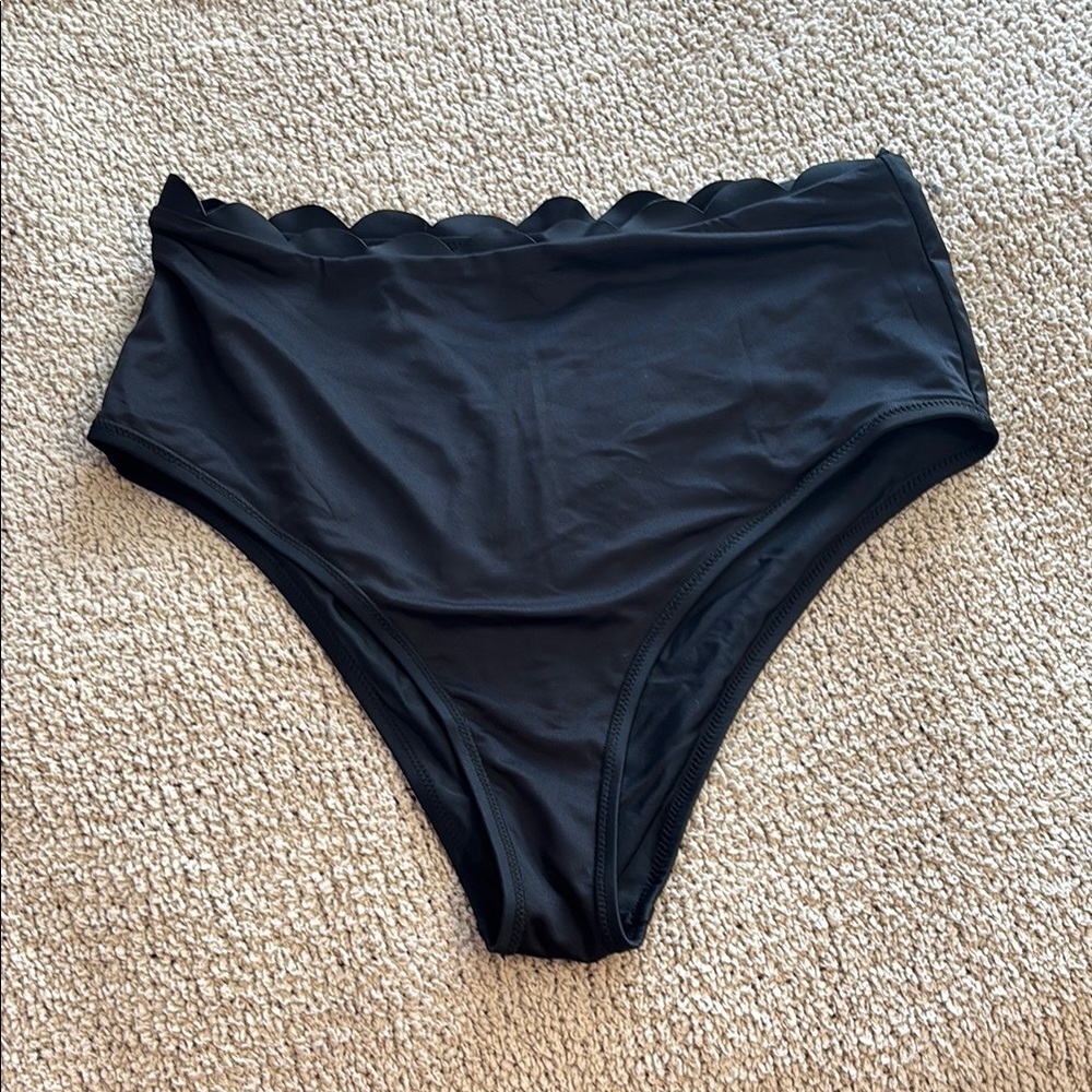 Black Scalloped High-Waisted Bikini Bottom